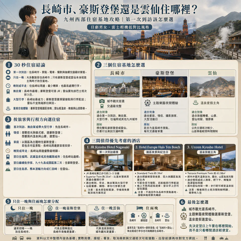 長崎市、豪斯登堡與雲仙三種住宿基地比較