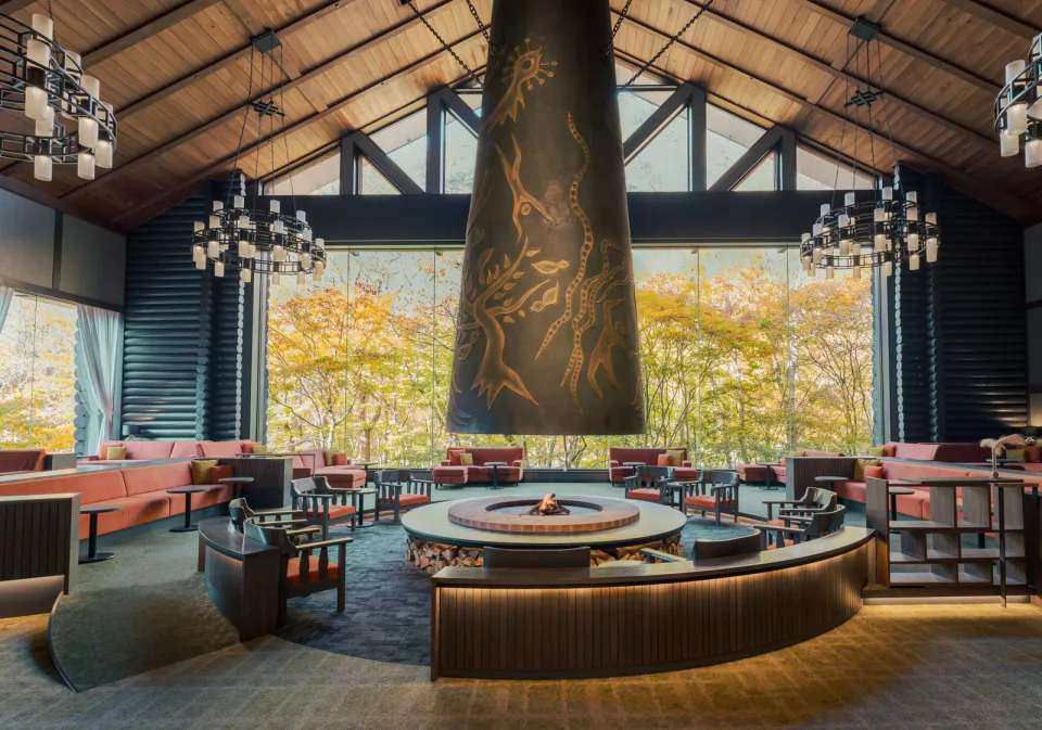 Oirase Keiryu Hotel forest-view lobby in autumn