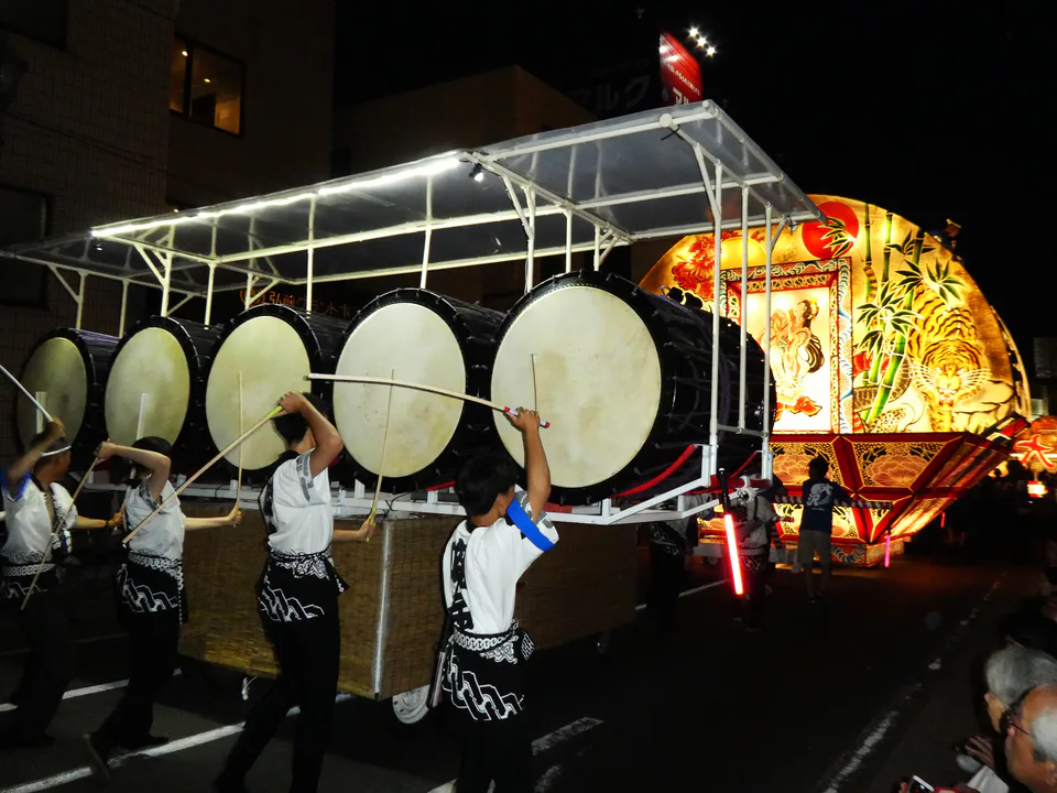 Hirosaki Neputa drummers and illuminated float on the Station Area night route