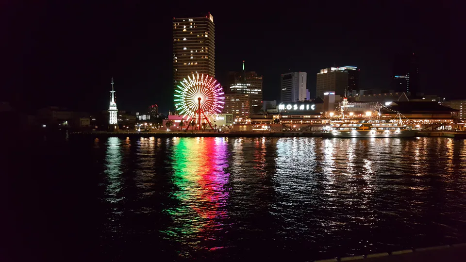Kobe Harborland at night: the free harbor walk gives the week a second night-view style without buying another Osaka observation deck