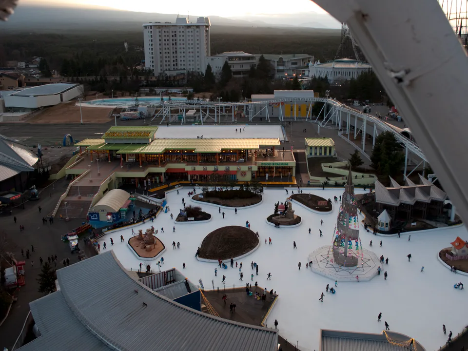 View across Fuji-Q Highland from the Ferris wheel, showing how a full park day differs from a short ride-only visit