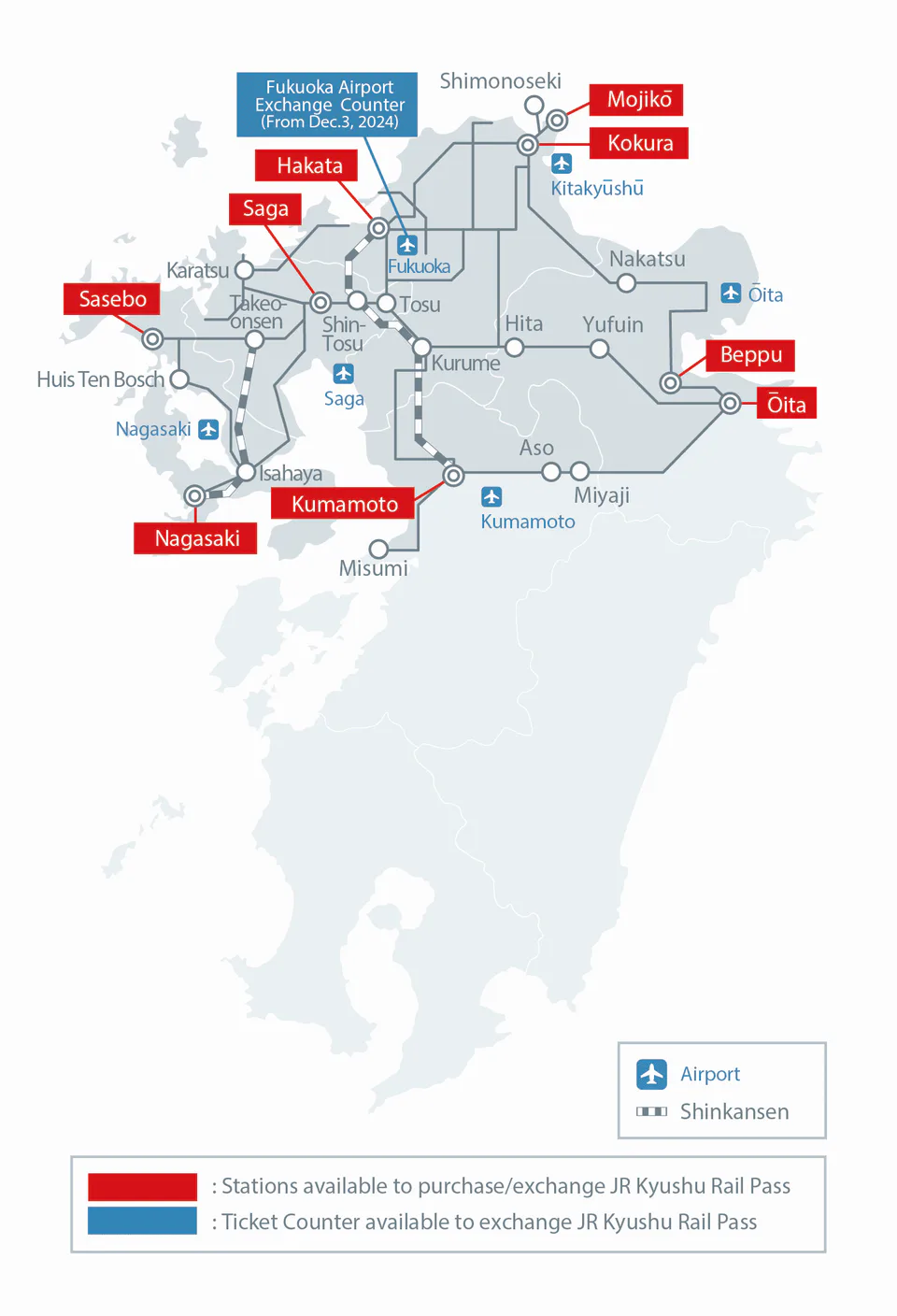 แผนที่ครอบคลุมการใช้งาน JR คิวชูตอนเหนือและคิวชู Rail Pass