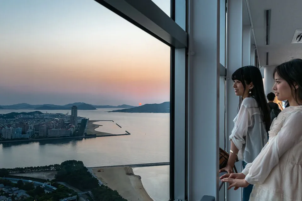 Sunset from Fukuoka Tower over Hakata Bay and the Momochi waterfront