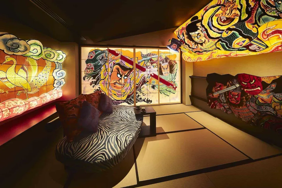 Aomoriya Nebuta Room filled with illuminated Aomori festival artwork