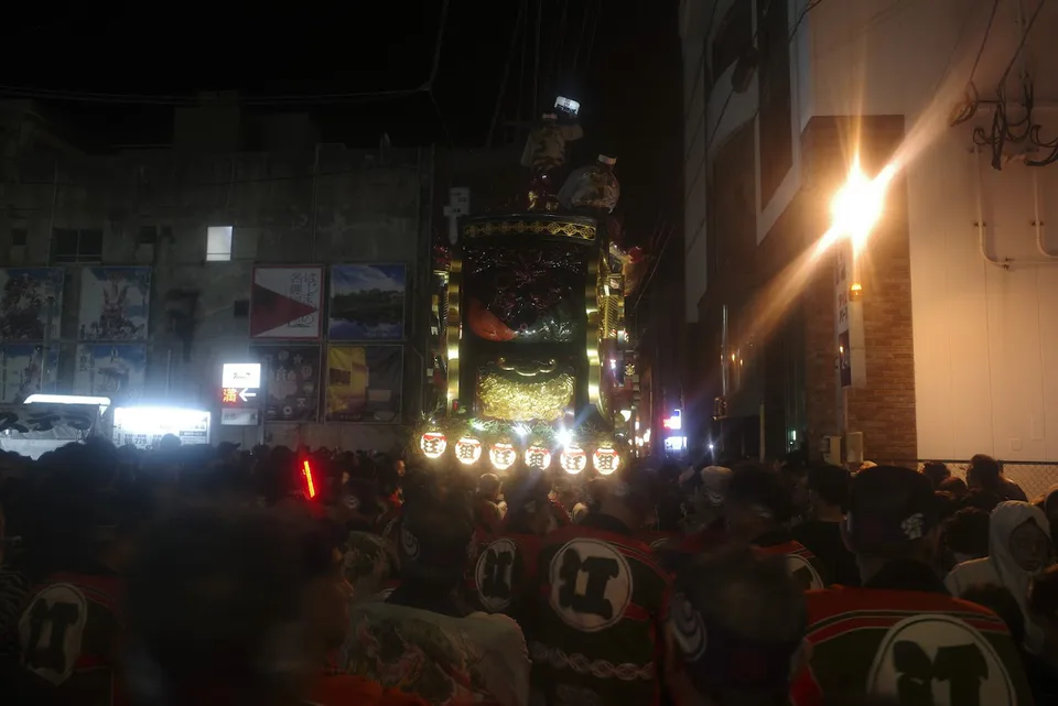 Karatsu Kunchi hikiyama float illuminated at night