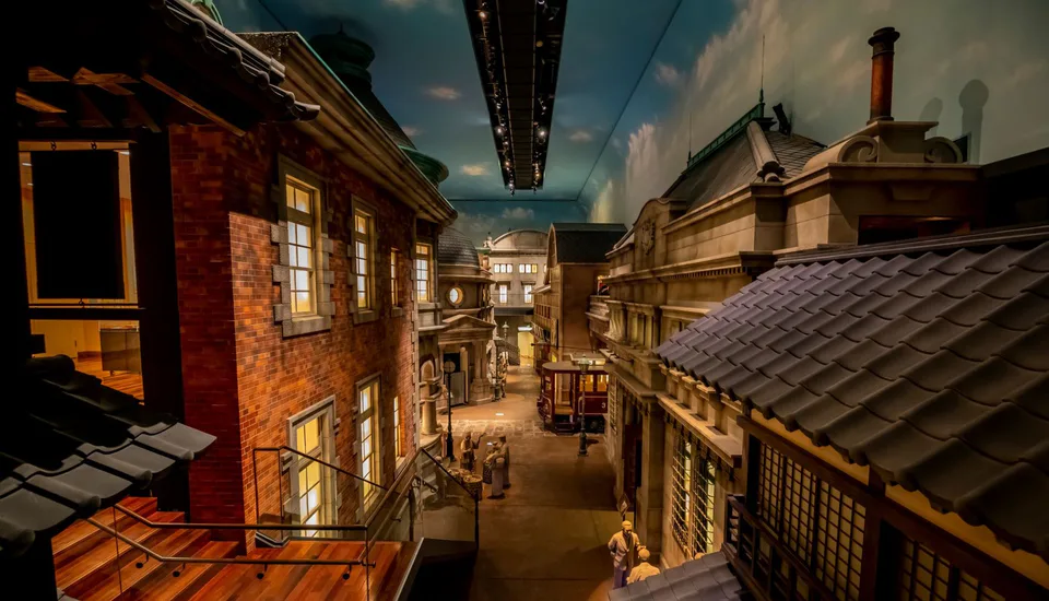 A Kanmon Strait Museum exhibition scene in Mojiko, where large-scale visuals and interactive displays explain the strait