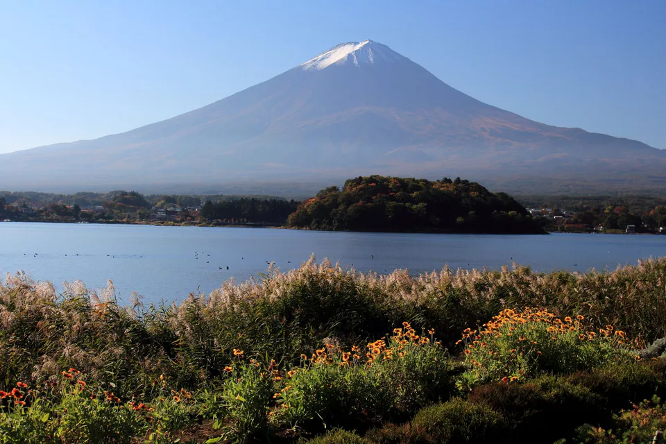 Autumn foliage at Oishi Park beside Lake Kawaguchiko with Mount Fuji, illustrating why hotel location and room direction are separate decisions