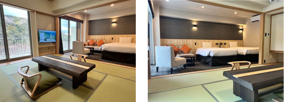 ห้องพักแบบญี่ปุ่นและตะวันตกที่โรงแรมทามโบฟูจิวะ ถูกปรับปรุงใหม่ พร้อมเตียงนอนและพื้นที่พักผ่อนแบบทาทามิ