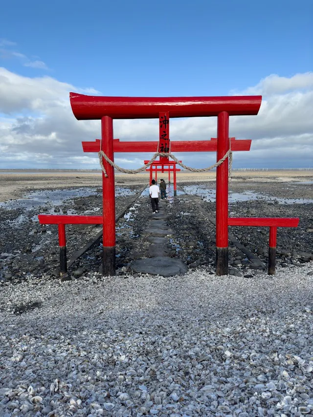 Ouo Shrine sea torii at low tide in Tara, Saga