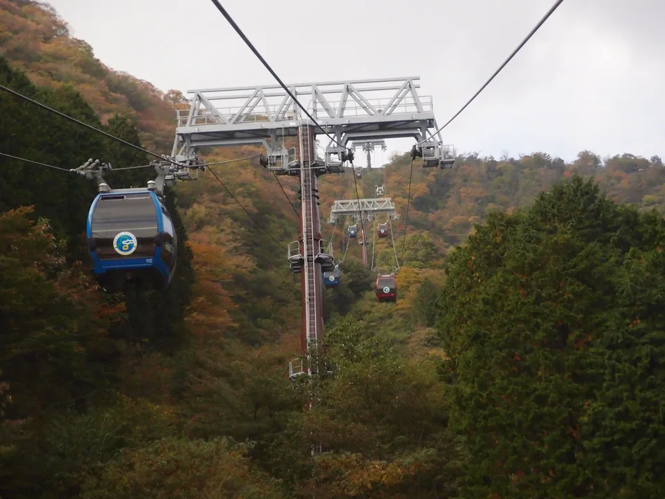 บัตร Hakone Free Pass ครอบคลุมรถเคเบิล Hakone Ropeway ซึ่งในภาพเป็นเส้นทางจาก Sounzan ถึง Owakudani ไม่ใช่ Hakone Komagatake Ropeway