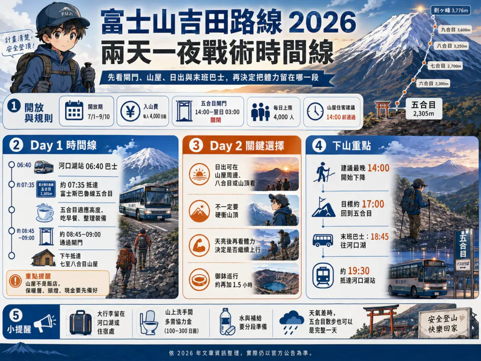 ตัวอย่างไทม์ไลน์ปีนภูเขาฟูจิ Yoshida Trail แบบ 2 วัน 1 คืน ตั้งแต่ 5th Station ถึงบ้านพักและขาลง