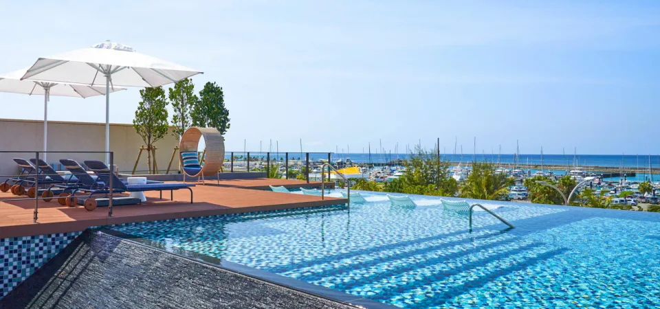 Okinawa Prince Hotel Ocean View Ginowan infinity pool overlooking the marina and sea