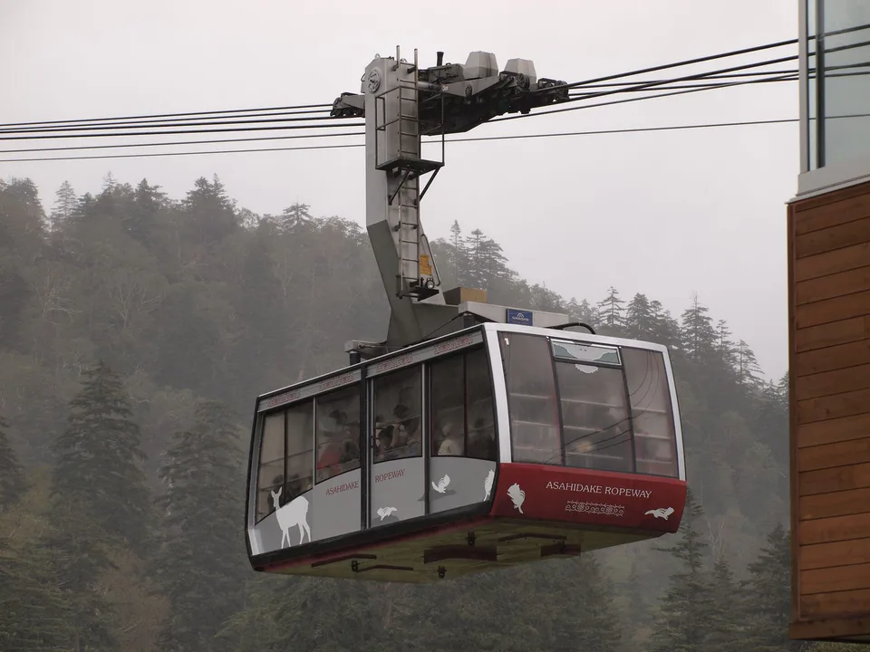 Asahidake Ropeway car in Higashikawa, Hokkaido, illustrating the public-transport mountain access compared with Kurodake
