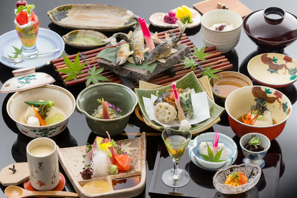 Kibune summer kaiseki meal with seasonal river fish and mountain ingredients
