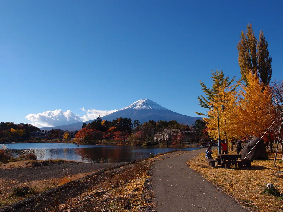 Lake Kawaguchiko and Mount Fuji in autumn showing the hotel-view decision between lakefront scenery and station access