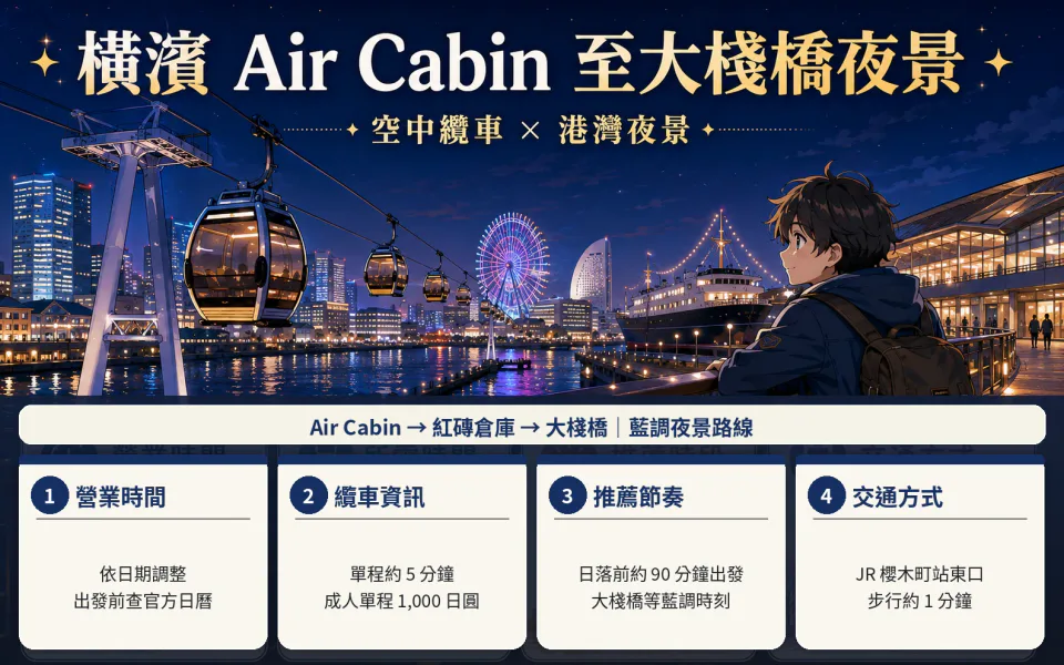 เคเบิลคาร์อากาศโยโกฮาม่า Air Cabin วิวกลางคืนที่มาร์เก็ตพอร์ต, เวลาทำการ, เวลาที่ใช้, ช่วงเวลาที่แนะนำ และแผนการเดินทางไปยังสถานีซากุระโมโตะ