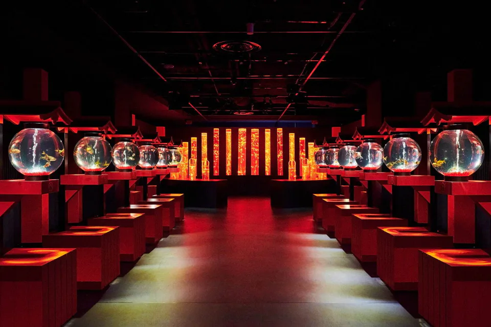 Attractions en cas de pluie à Tokyo : Musée Art Aquarium Ginza, une exposition artistique sur les poissons rouges, idéale pour combiner avec une visite intérieure à Tokyo Station et Ginza.