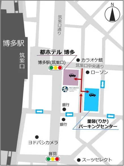 Miyako Hotel Hakata 自駕停車入口與合作停車場位置圖
