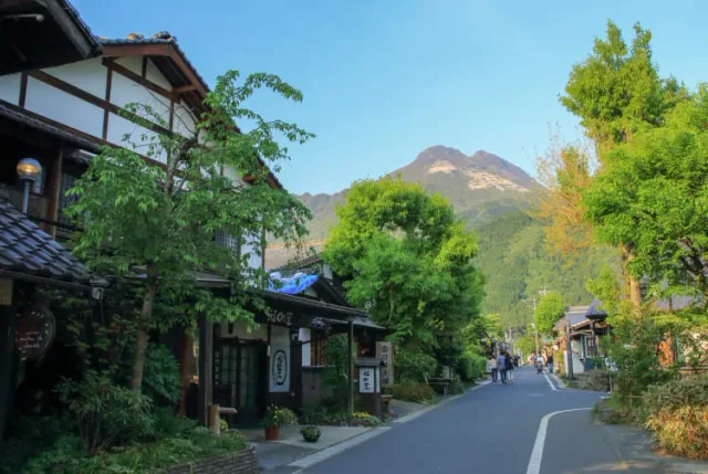 Rural Yufuin Onsen landscape beneath Mount Yufu