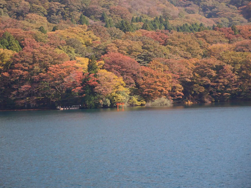 Hakone autumn leaves around Lake Ashi with a sightseeing cruise and forested mountain slopes