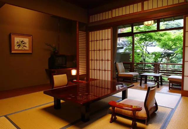 Nishimuraya Honkan traditional Japanese guest room overlooking the ryokan garden