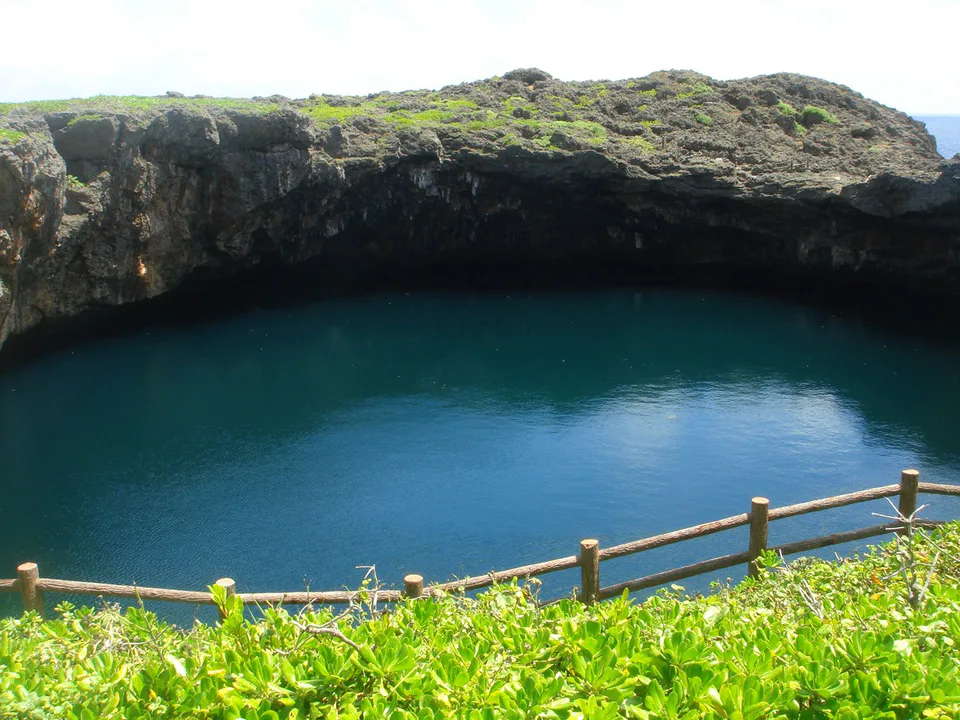 Toriike on Shimoji Island, connected to the sea through underwater topography and listed as an advanced Miyako dive site