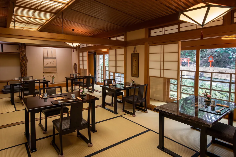 Indoor tatami dining room used when Kibune river-deck seating cannot operate safely