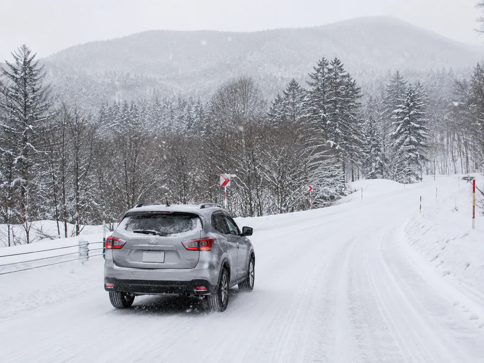 Hokkaido winter driving on a snow-covered mountain road