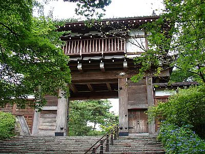 Reconstructed Front Gate of Kubota Castle with the steps leading toward the Honmaru in Senshu Park
