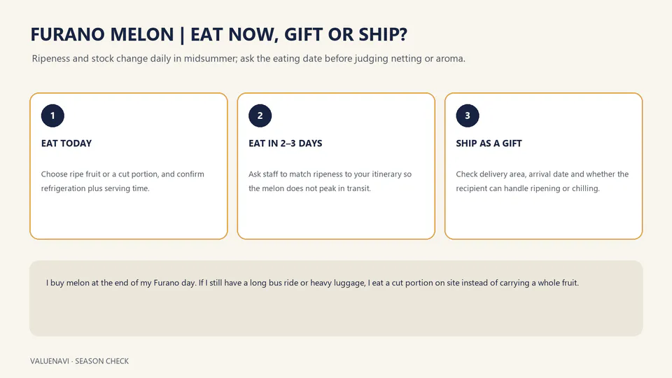 Furano melon decision graphic for eating, gifting or shipping