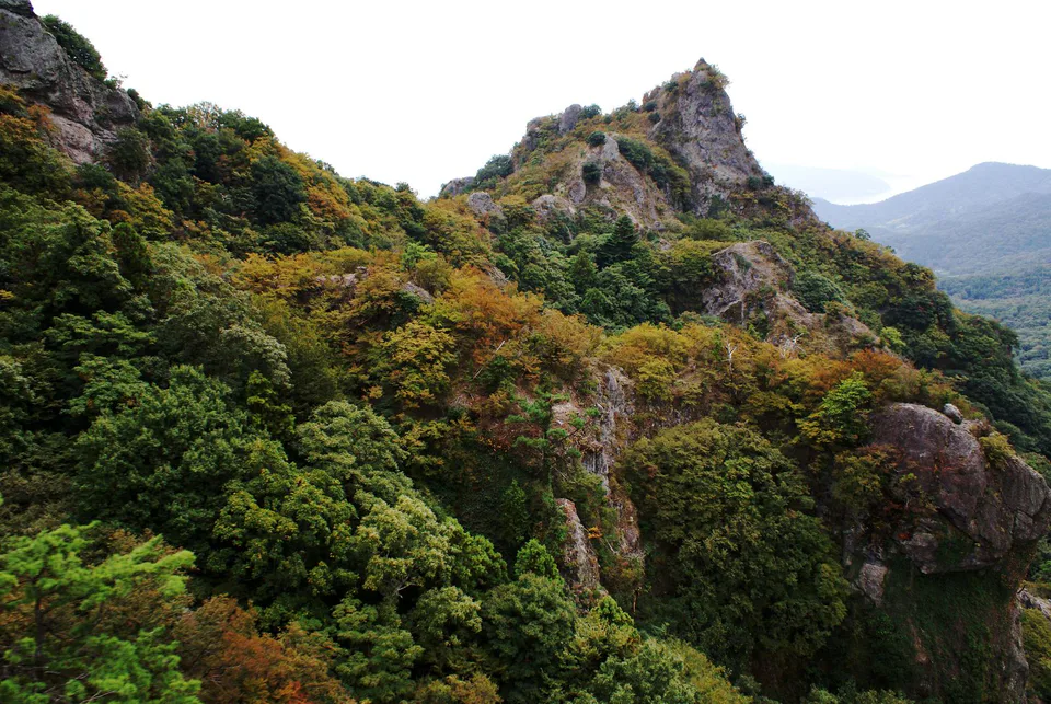 Rock formations and autumn forest in Kankakei Gorge on Shodoshima Island