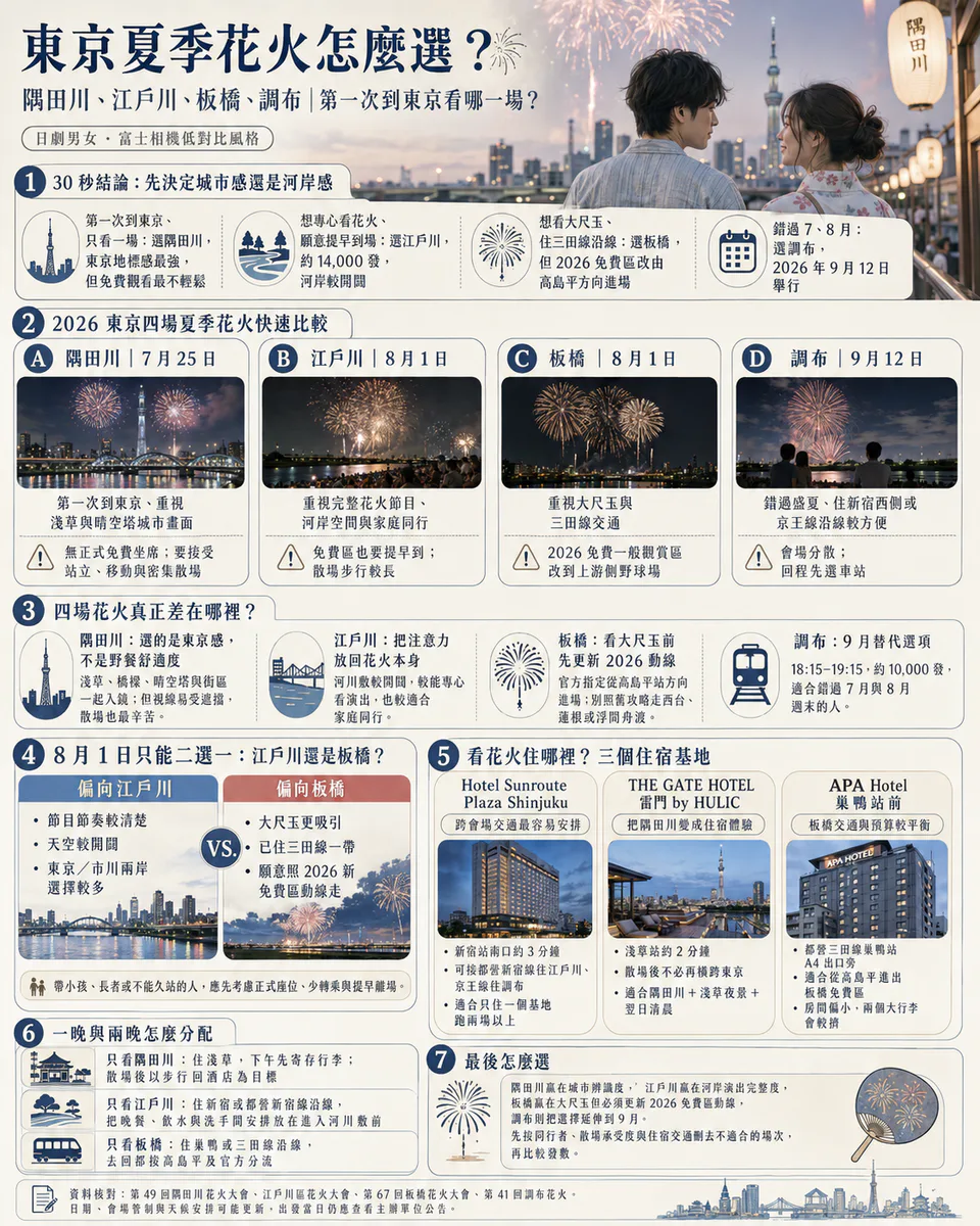 ตารางเปรียบเทียบงานพลุโตเกียวปี 2026: Sumida, Edogawa, Itabashi และ Chofu