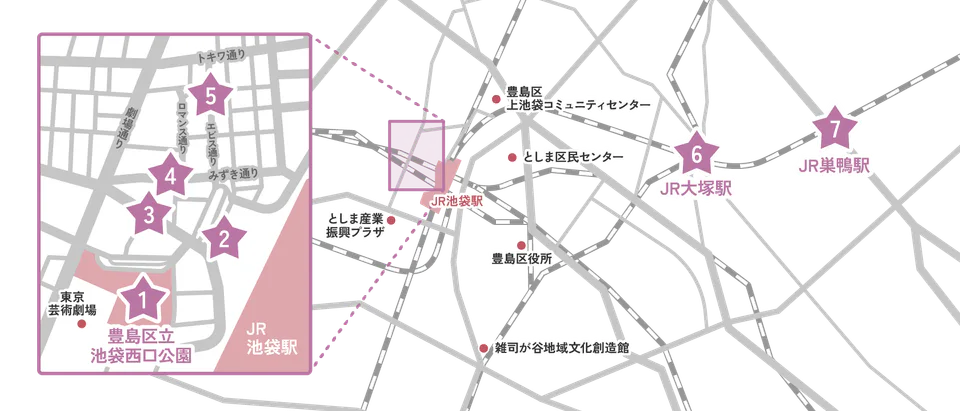 Official Tokyo Yosakoi venue map showing the central Ikebukuro venues and wider main-festival area