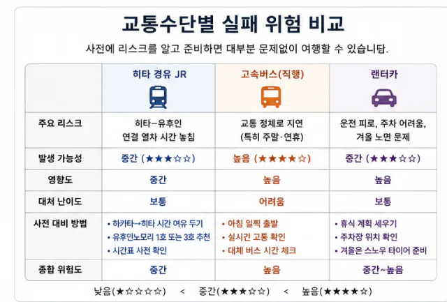 후쿠오카 유후인 JR 버스 렌터카의 매진 체증 도로통제 위험 비교
