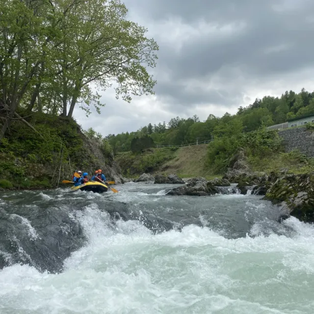 Rafting group paddling through the Sorachi River near Furano