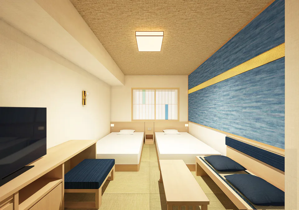 Twin guest room near Beppu Station with space for luggage