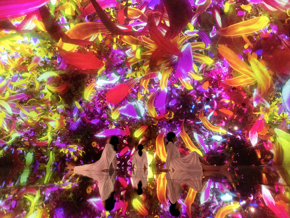 Floating in the Falling Universe of Flowers at teamLab Planets with visitors surrounded by seasonal flower imagery