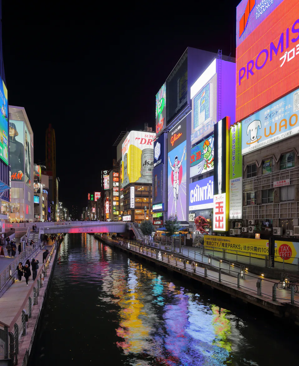 Dotonbori canal and illuminated nightlife signs in Namba, Osaka