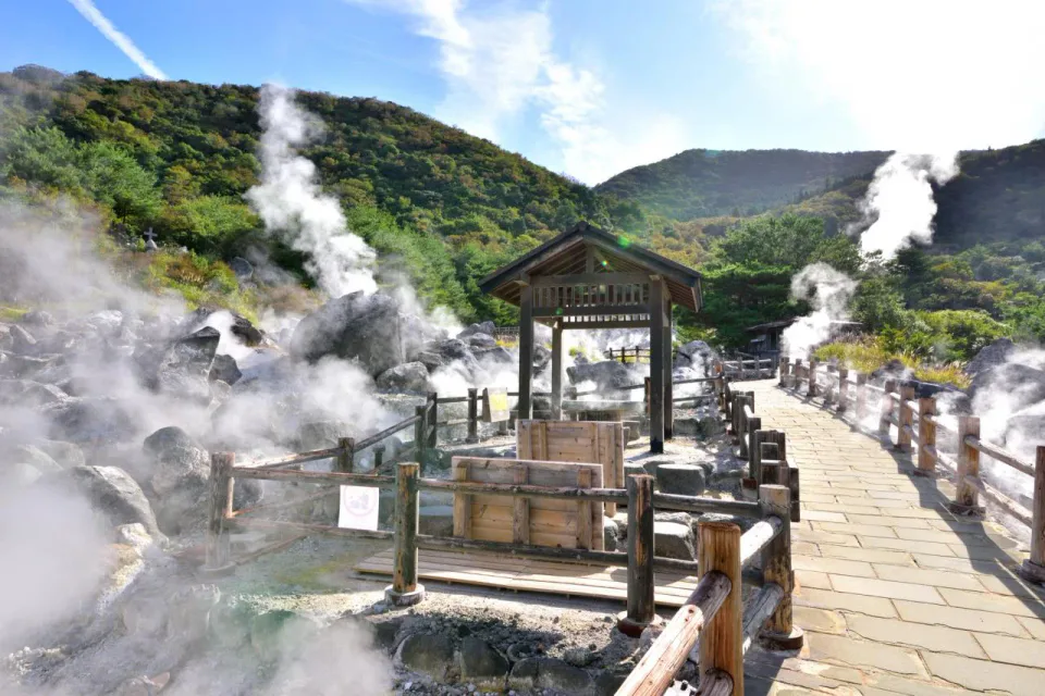 Steam rising from the boardwalk at Unzen Jigoku