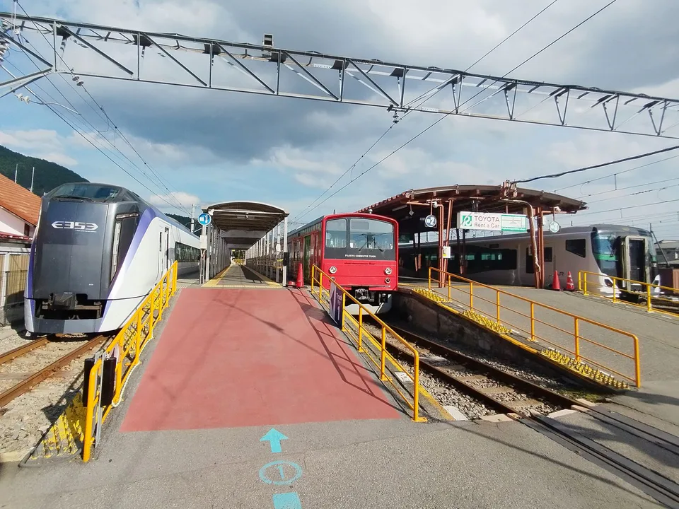สถานีคาวากุจิโกะและรถไฟ Fujikyu Railway ซึ่งเป็นส่วนสำคัญของแผนสำรองผ่าน Otsuki เมื่อ Fuji Excursion เต็ม
