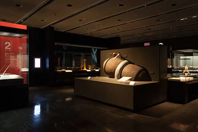 Kyushu National Museum Cultural Exchange Exhibition on the fourth floor, with dark galleries and rotating displays on Japan's links with Asia